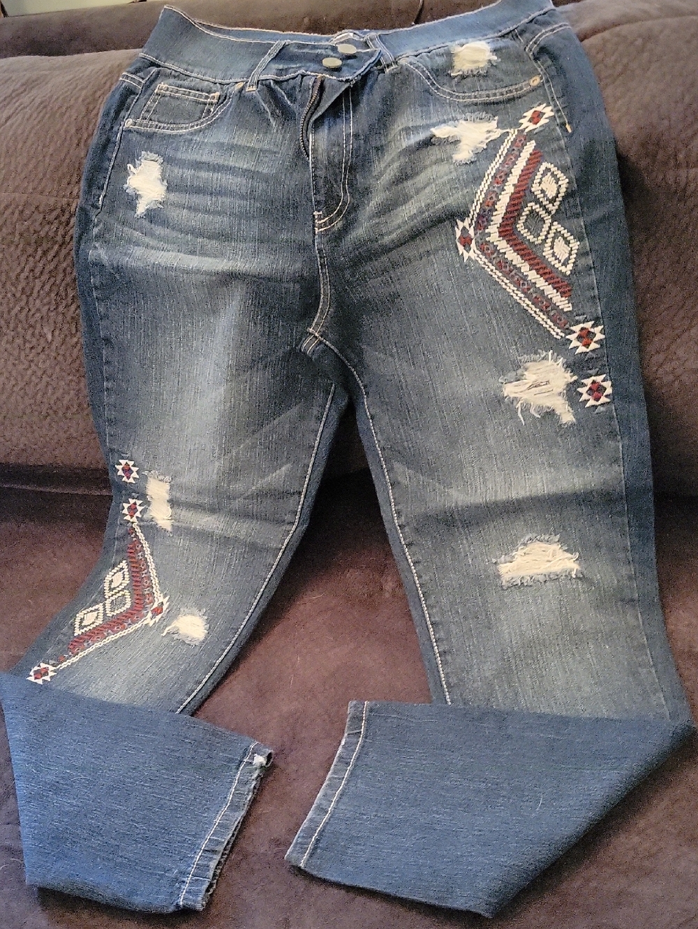 New York & Company Dark Blue Skinny Jeans with Tribal Embroidery